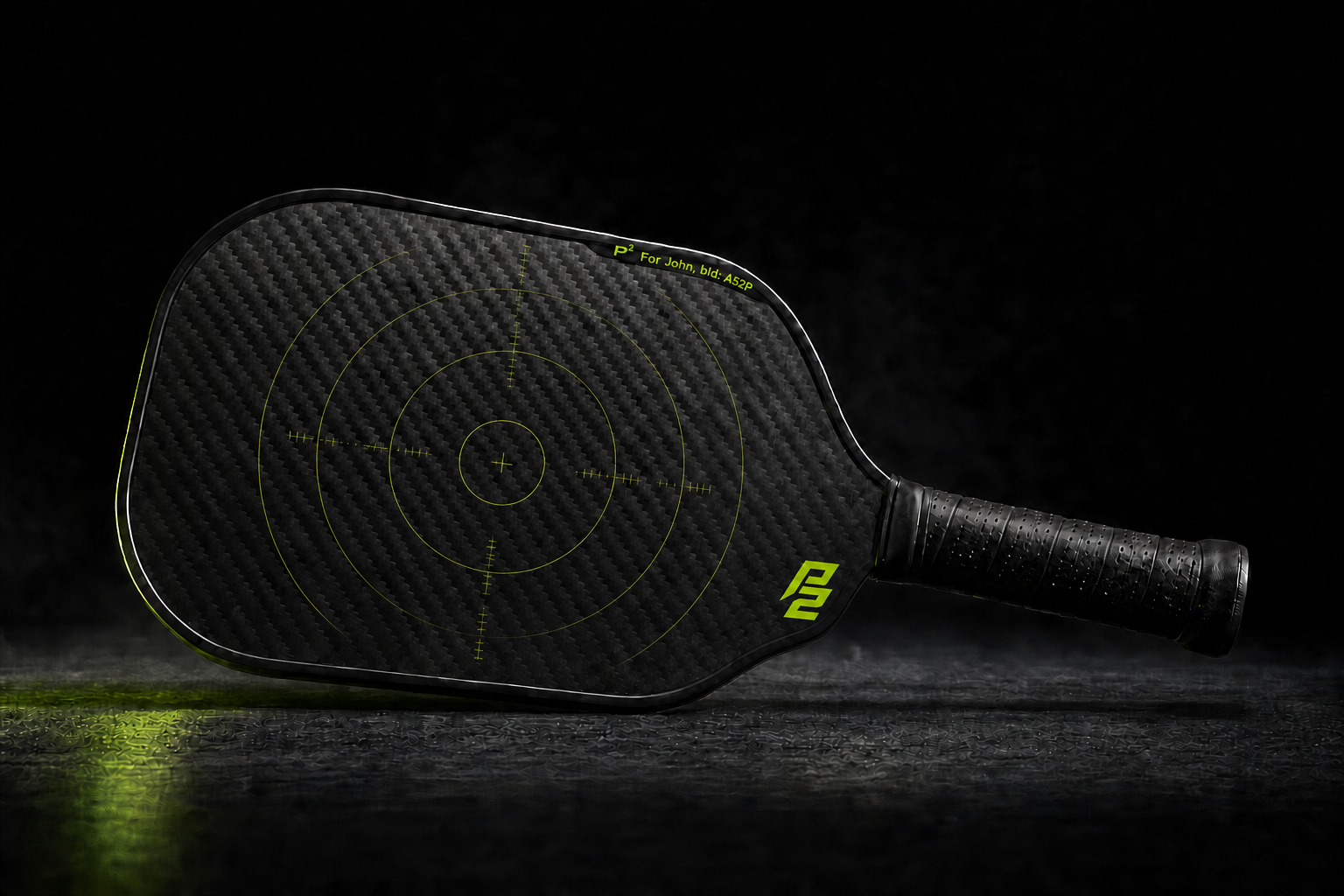 Photoreal P2 carbon paddle with targeting artwork